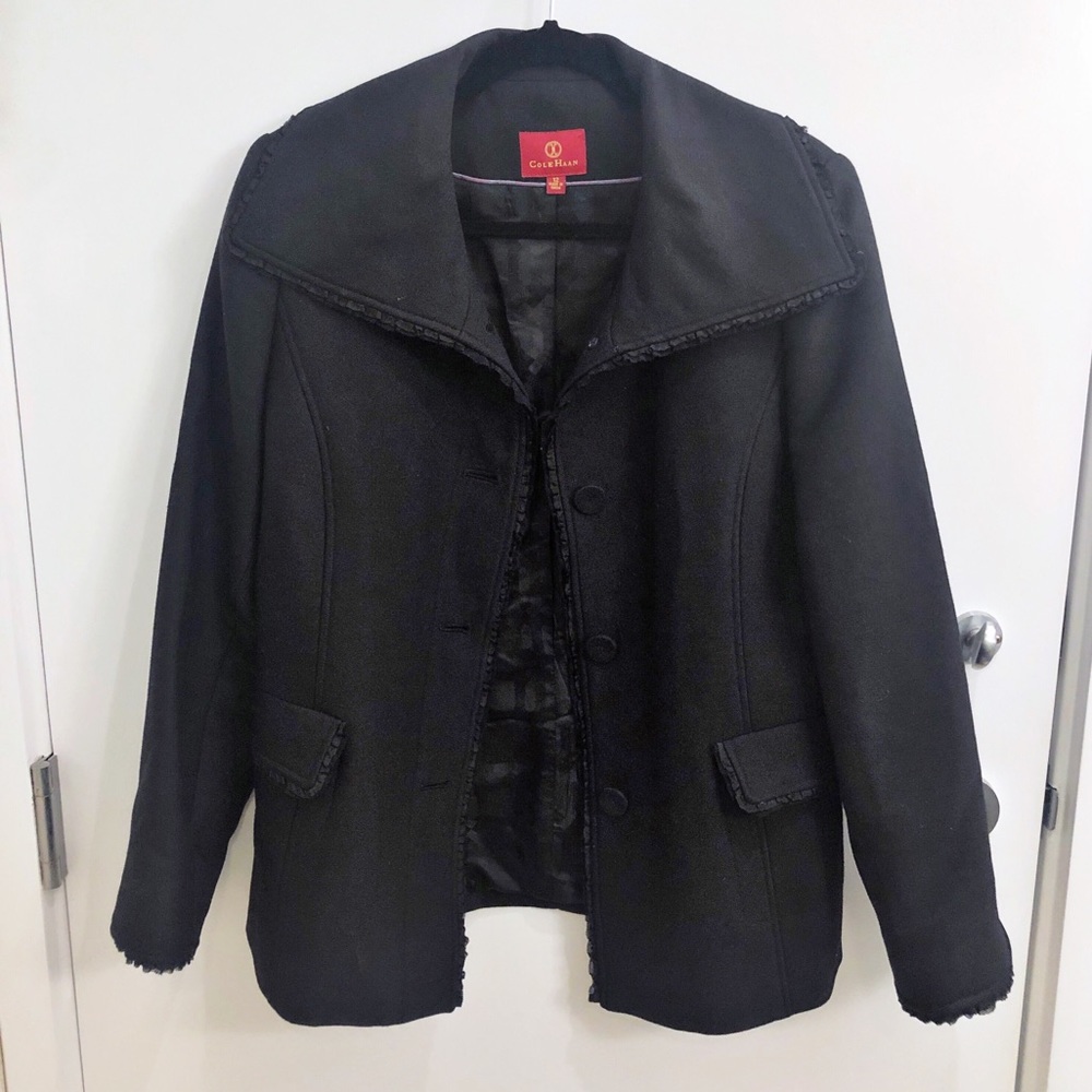 Cole Haan Black Winter Coat with Ruffle Trim